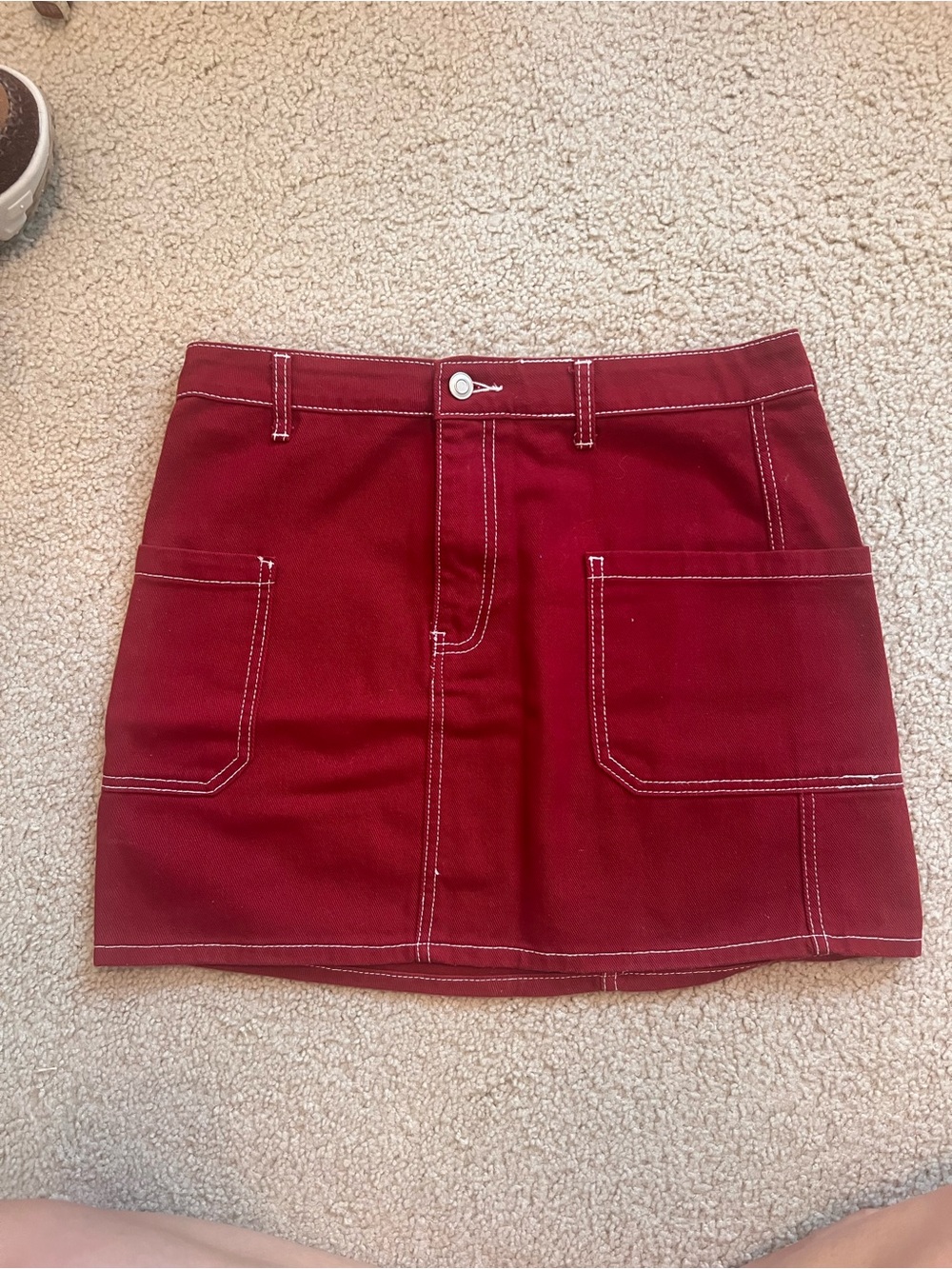 Red Denim Mini Skirt with Front Patch Pockets